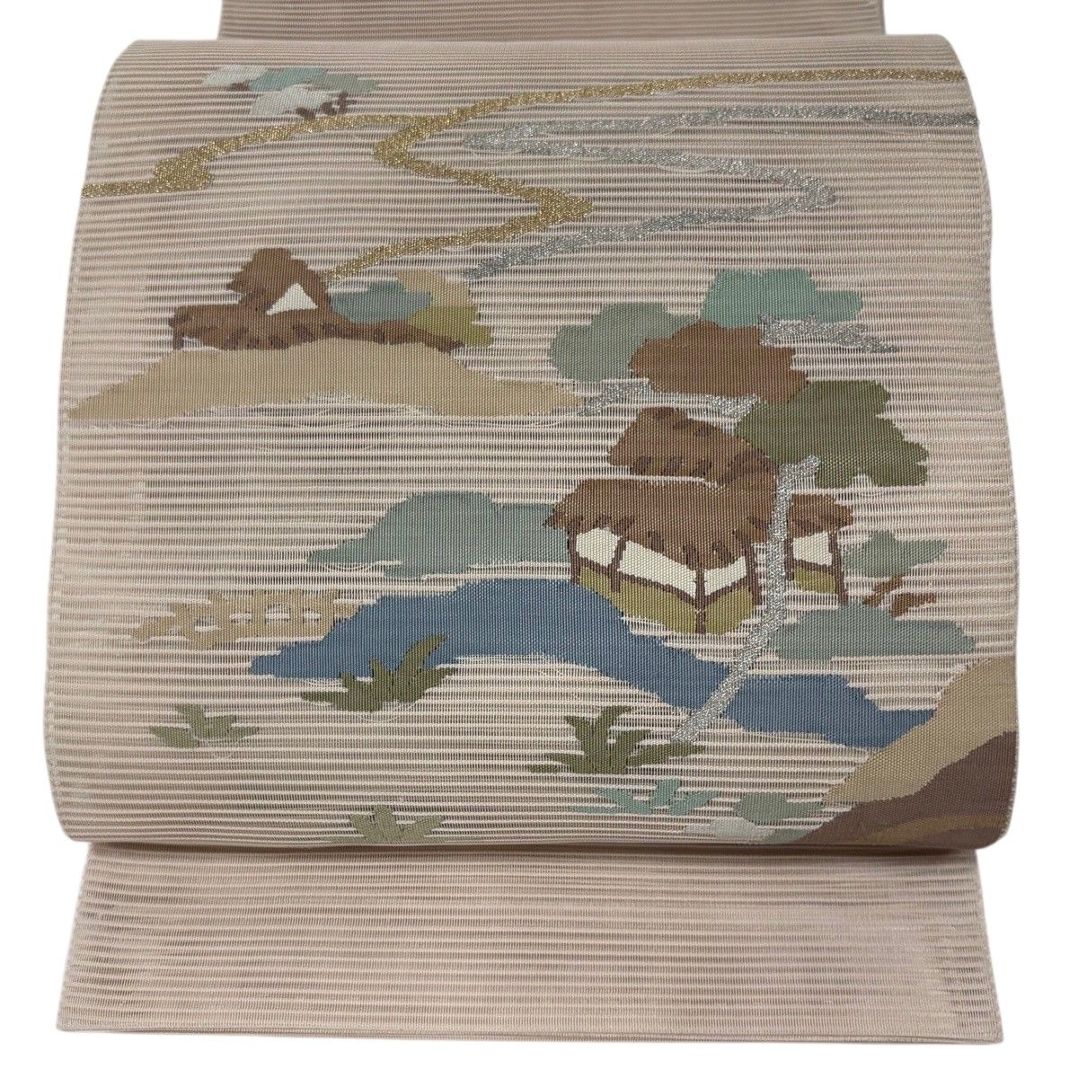 袋帯 秀品 夏帯 絽 家屋 松 金銀糸 ベージュ お太鼓柄 正絹 【中古