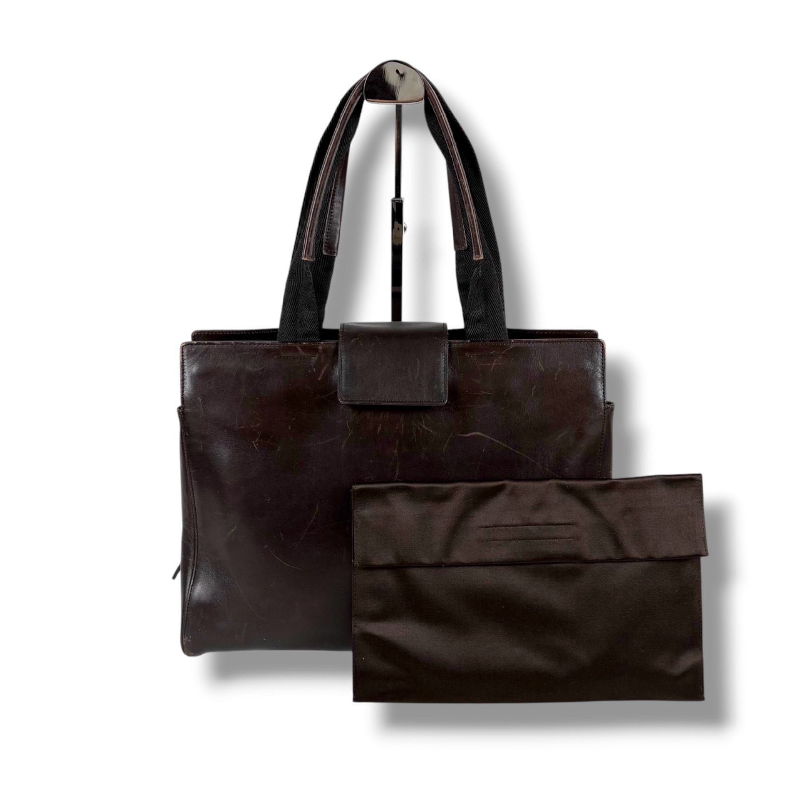プラダ PRADA ポーチ付き レザートートバッグ 型押しロゴ ダーク 