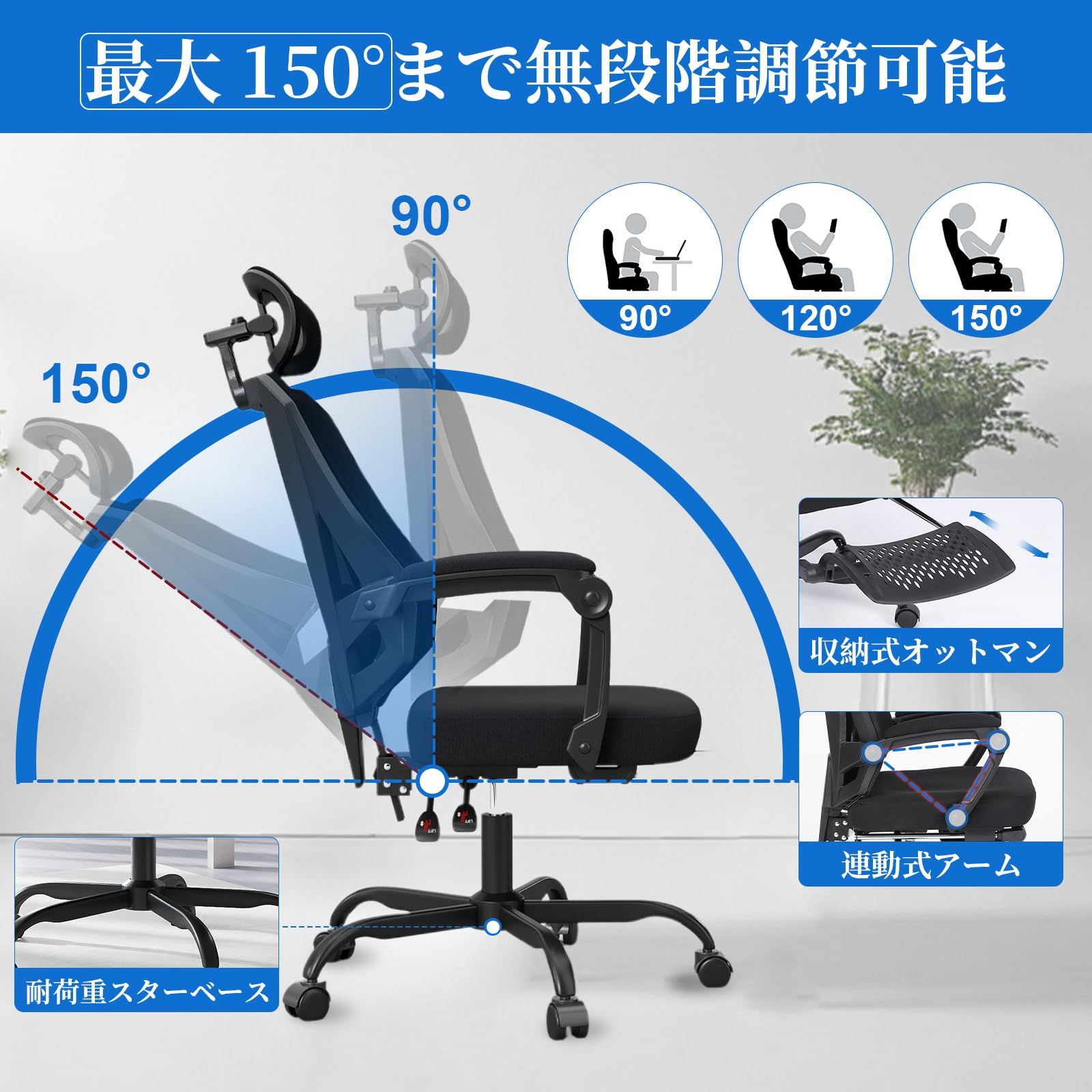 新品 オフィスチェア メッシュ 可動式ランバー 3Dヘッドレスト 人間 