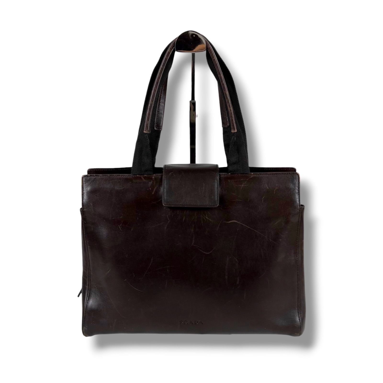 プラダ PRADA ポーチ付き レザートートバッグ 型押しロゴ ダーク 