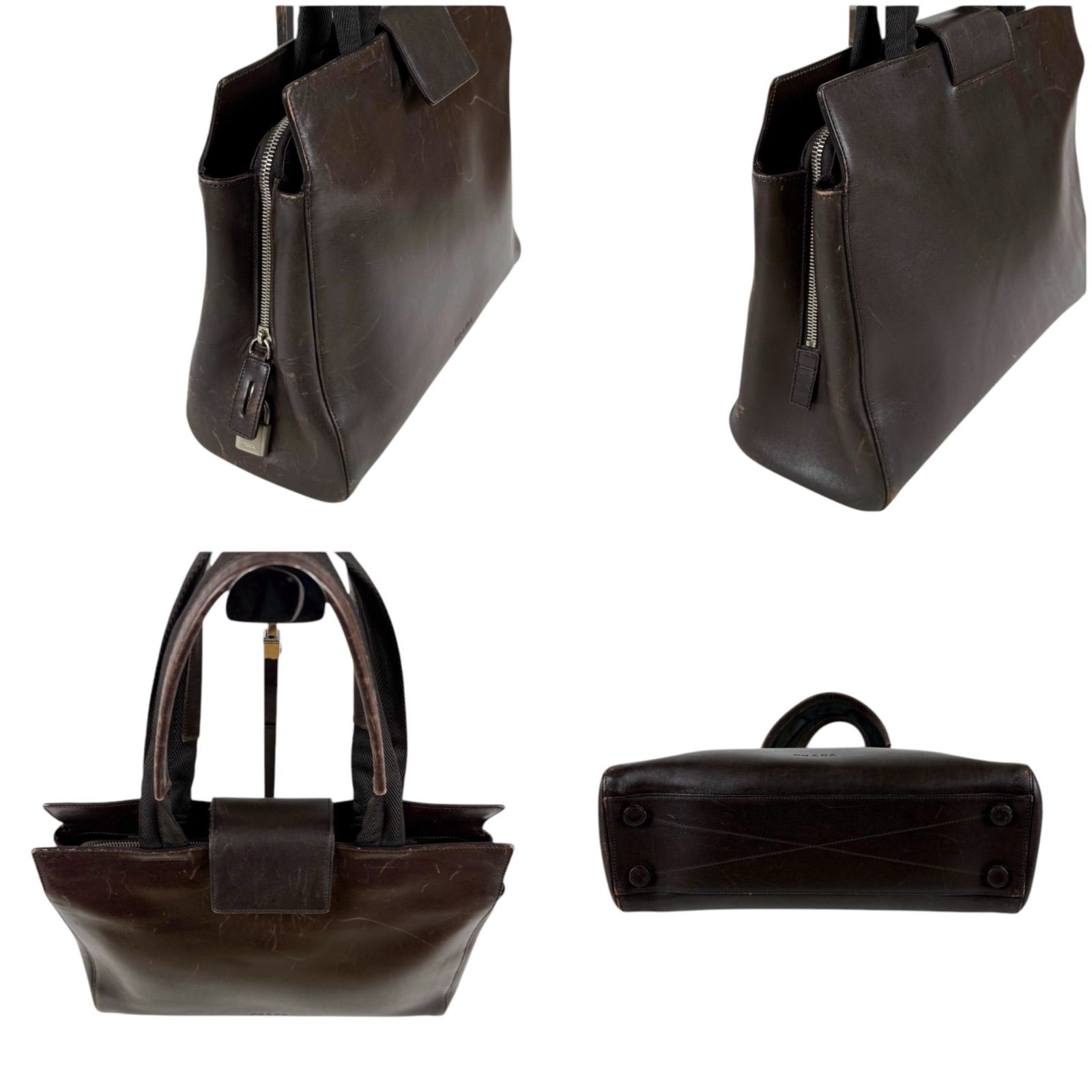 プラダ PRADA ポーチ付き レザートートバッグ 型押しロゴ ダーク 