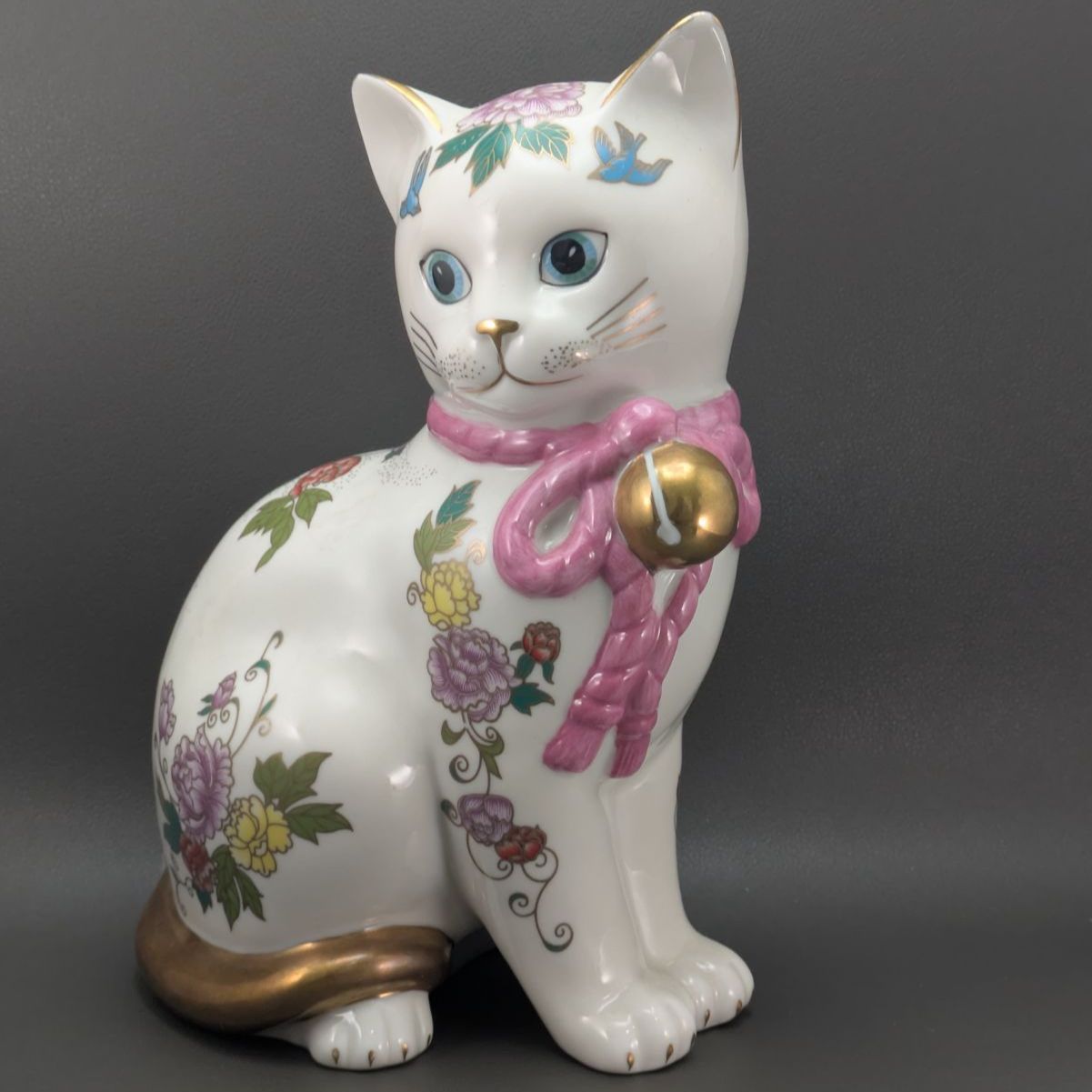 フランクリンミント 猫 置物 薩摩焼 花柄 招き猫 陶器人形