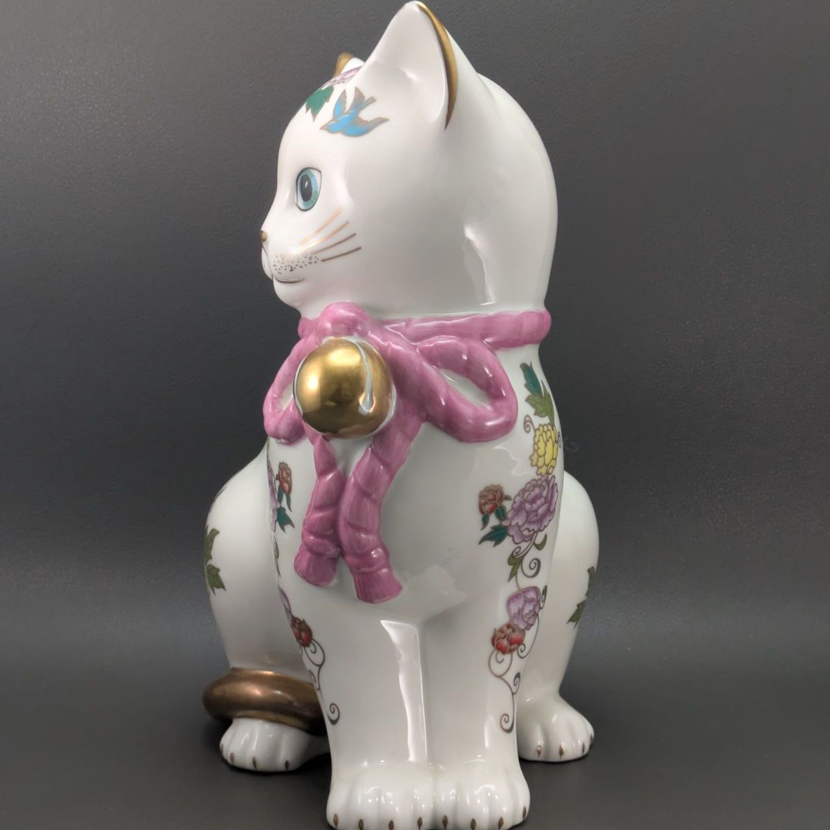 フランクリンミント 猫 置物 薩摩焼 花柄 招き猫 陶器人形