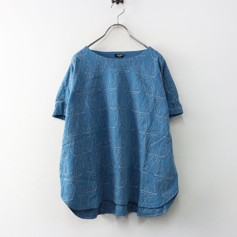 2022MS マーブルシュッド marble SUD EMB Penguins 袖タックTee‖ブルー トップス 刺繍 ペンギン ワイド【2400014904055】