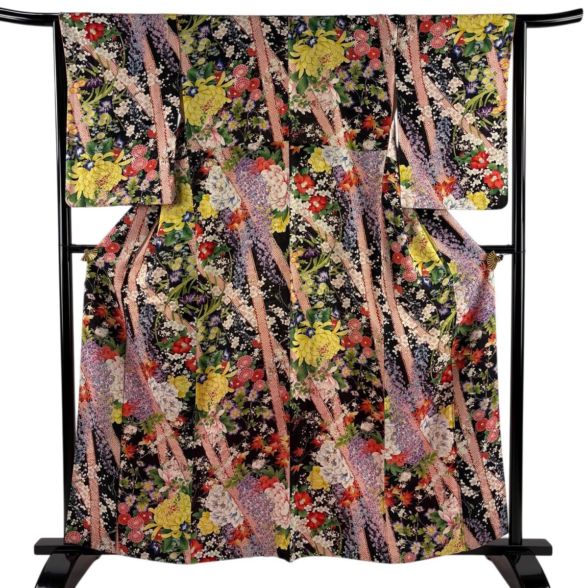 美品】 小紋 身丈165.5cm 裄丈65cm M 袷 草花 幾何学 黒灰