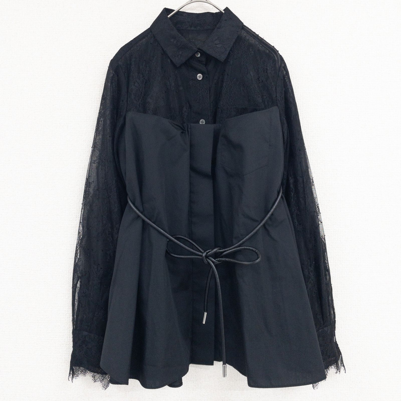sacai サカイ 2022年 ブラウス シャツ レース レザーベルト 異素材切り替え コットン ポリエステル ブラック 日本製 レディース 1 b00957 sacai サカイ 2022年 ブラウス シャツ レース レザーベルト 異素材