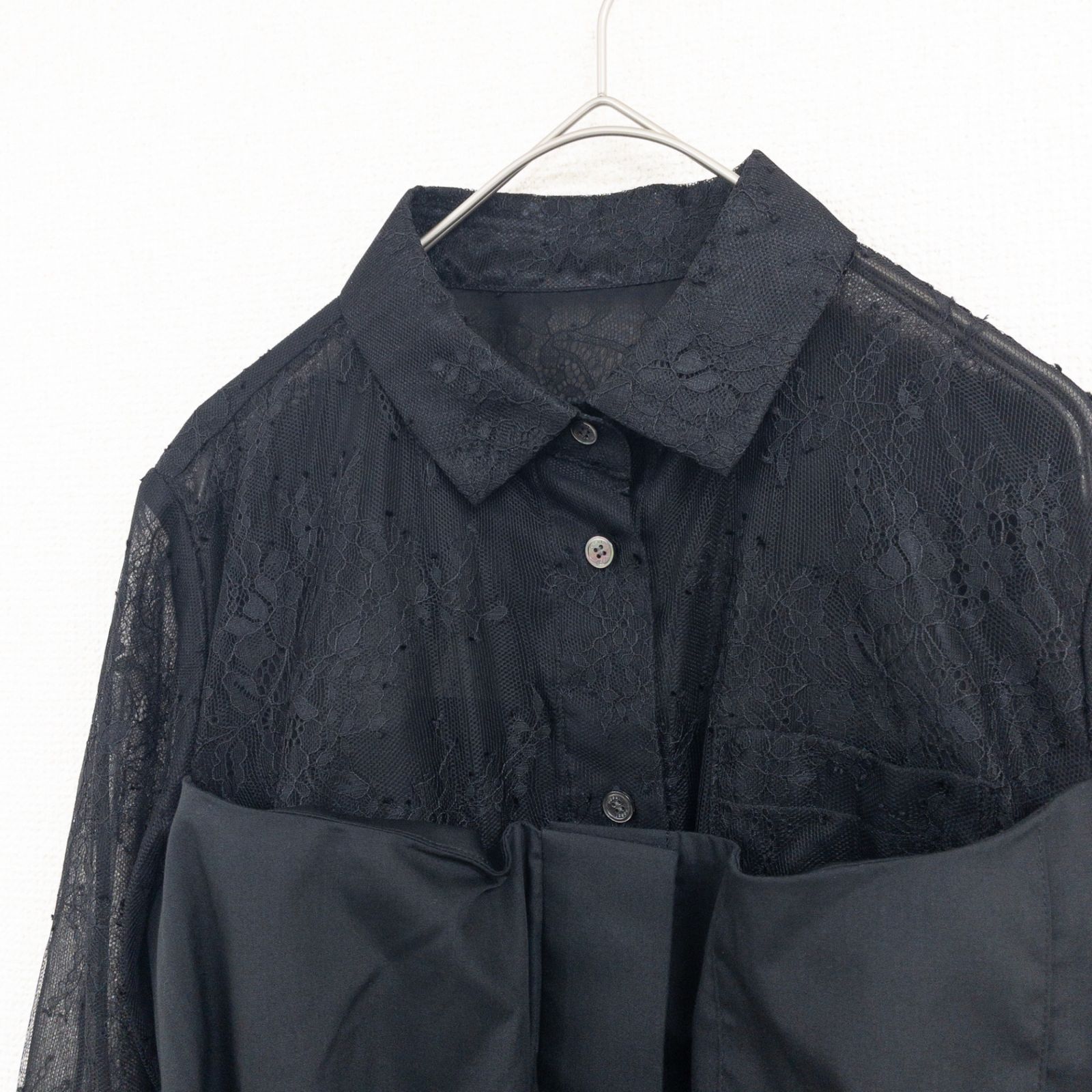 sacai サカイ 2022年 ブラウス シャツ レース レザーベルト 異素材切り替え コットン ポリエステル ブラック 日本製 レディース 1 b00957 sacai サカイ 2022年 ブラウス シャツ レース レザーベルト 異素材