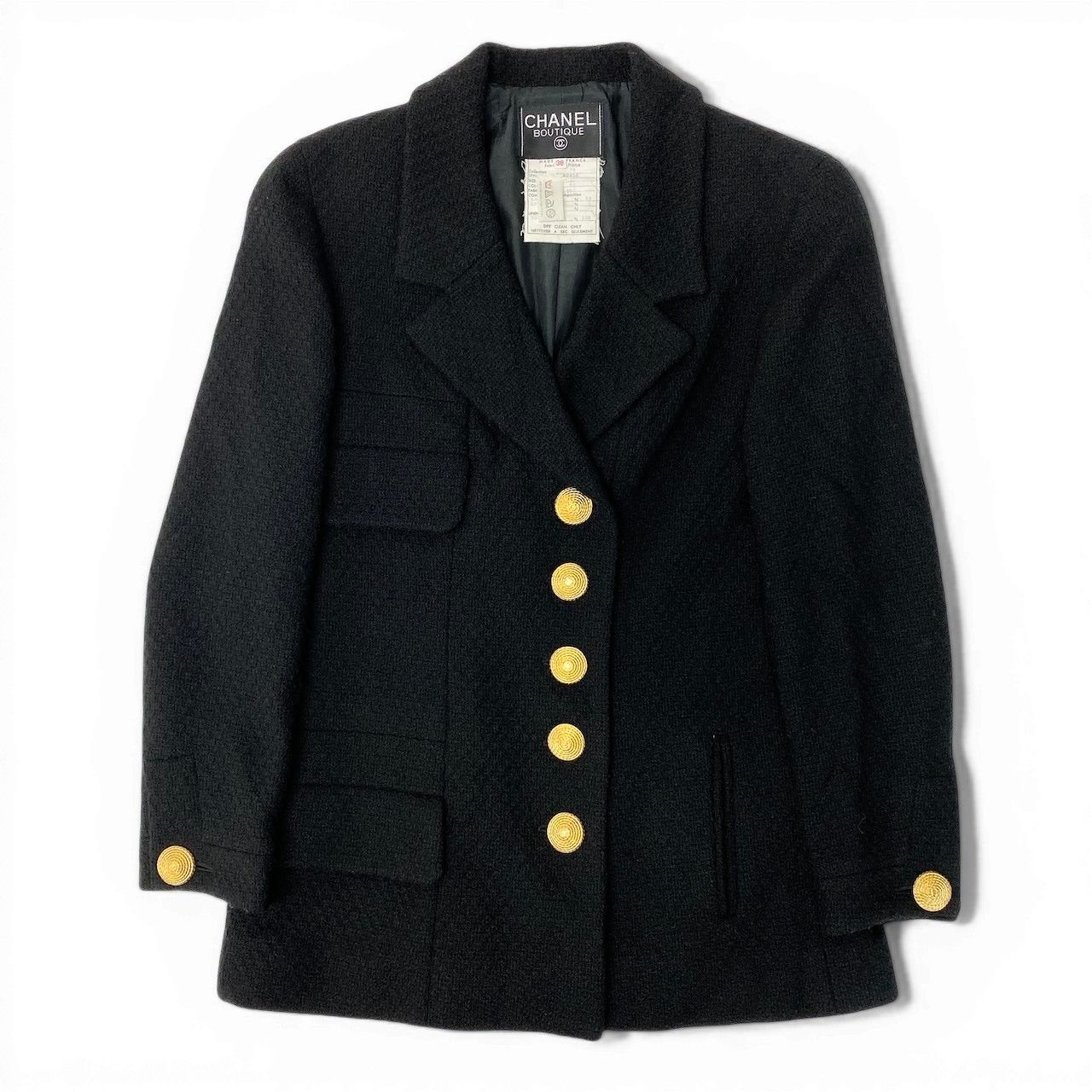 シャネル 38 セットアップ 黒 ツイード 金ボタン ボウタイ ウール C CHANEL シャネル VINTAGE 1992SS 金ボタン ツイードジャケット 20450