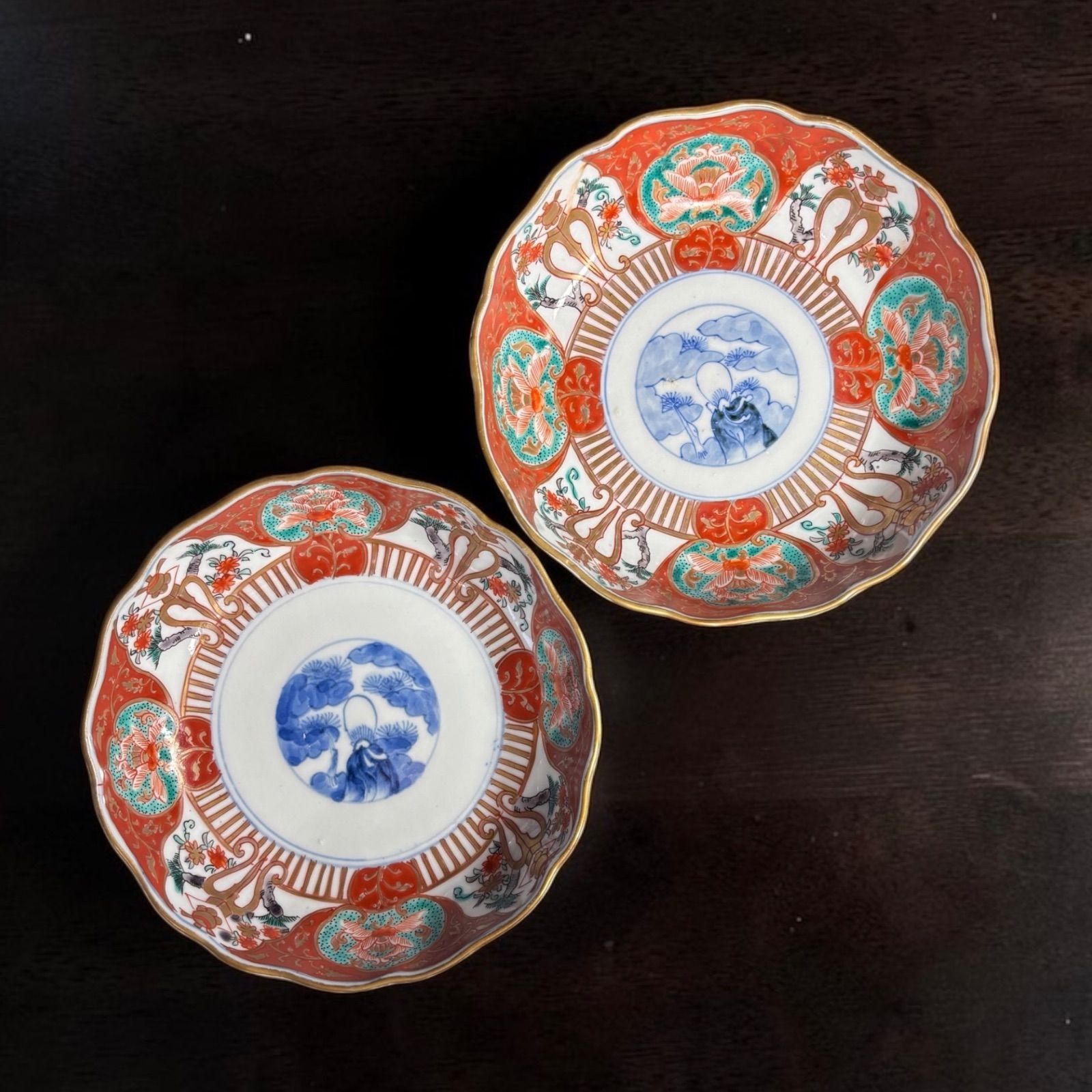2客セット】古伊万里 金襴手 赤絵 花台草花文図 なます皿 冨貴長春 