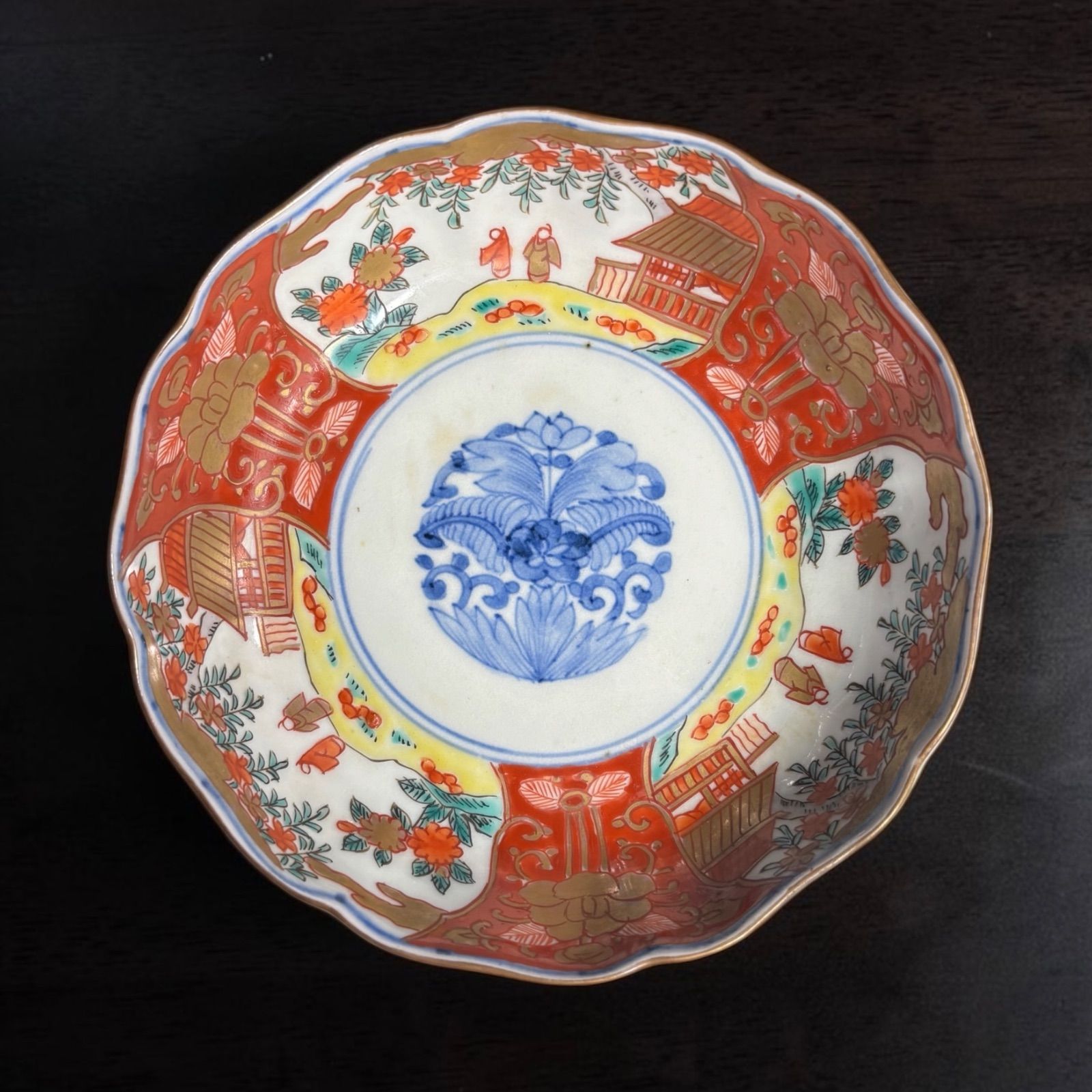 蔵出し】 古伊万里 色絵金彩 飾り皿 松鶴・草花文 直径/21.2cm 唐木皿