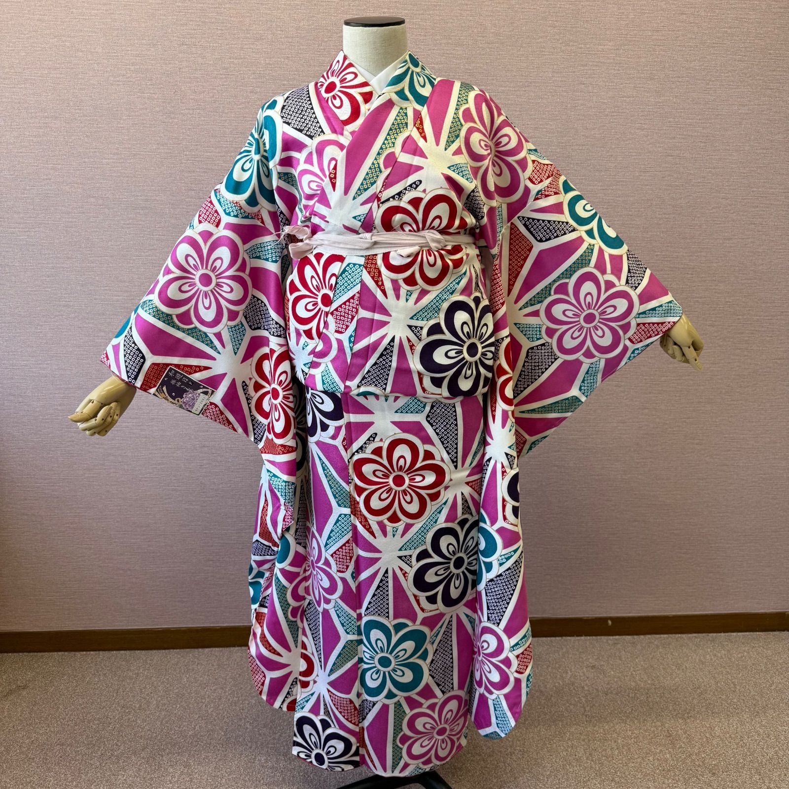 袷 振袖 着物 洗える着物 ポリエステル 麻の葉模様 花柄 新品 h-1050 