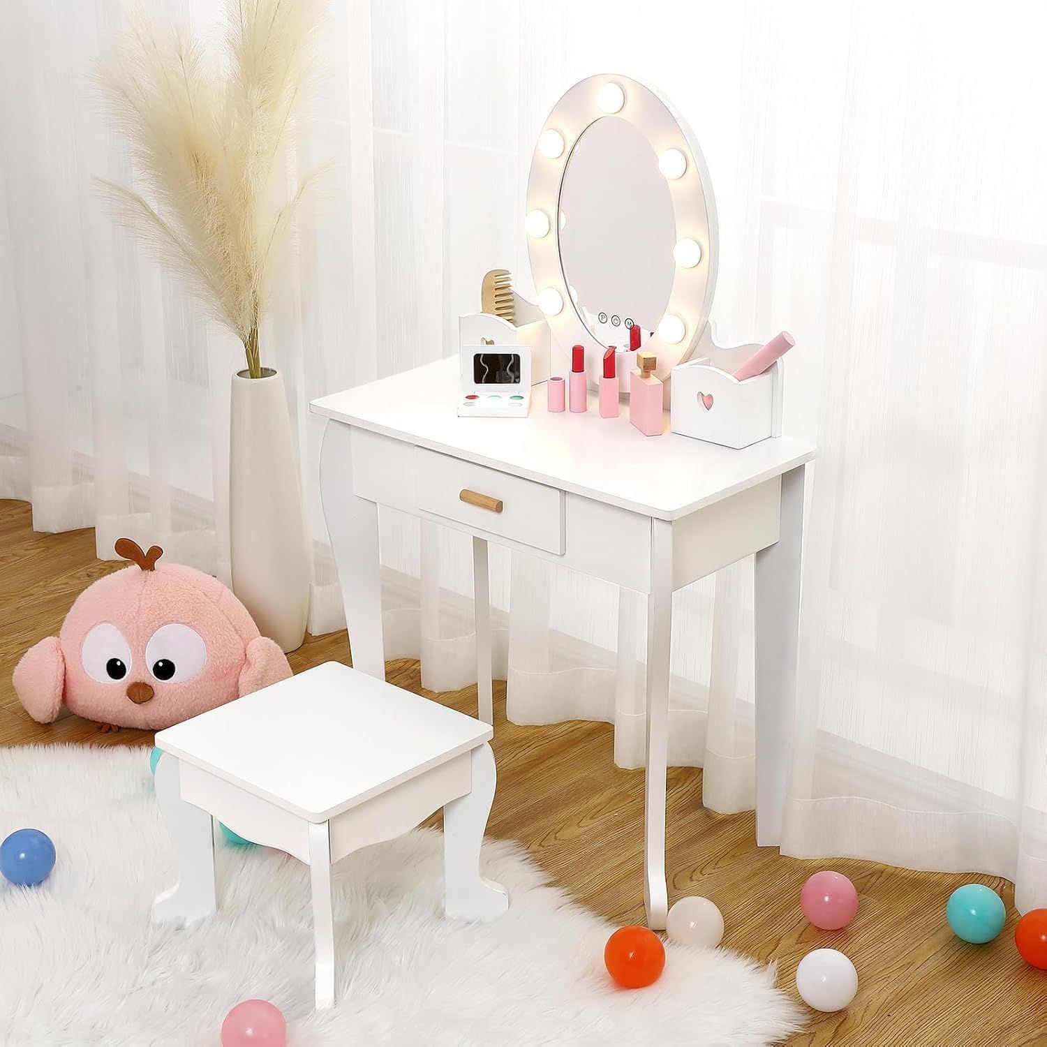 Thinkmax 子供ドレッサー おままごとドレッサー 木製 椅子付き LED 