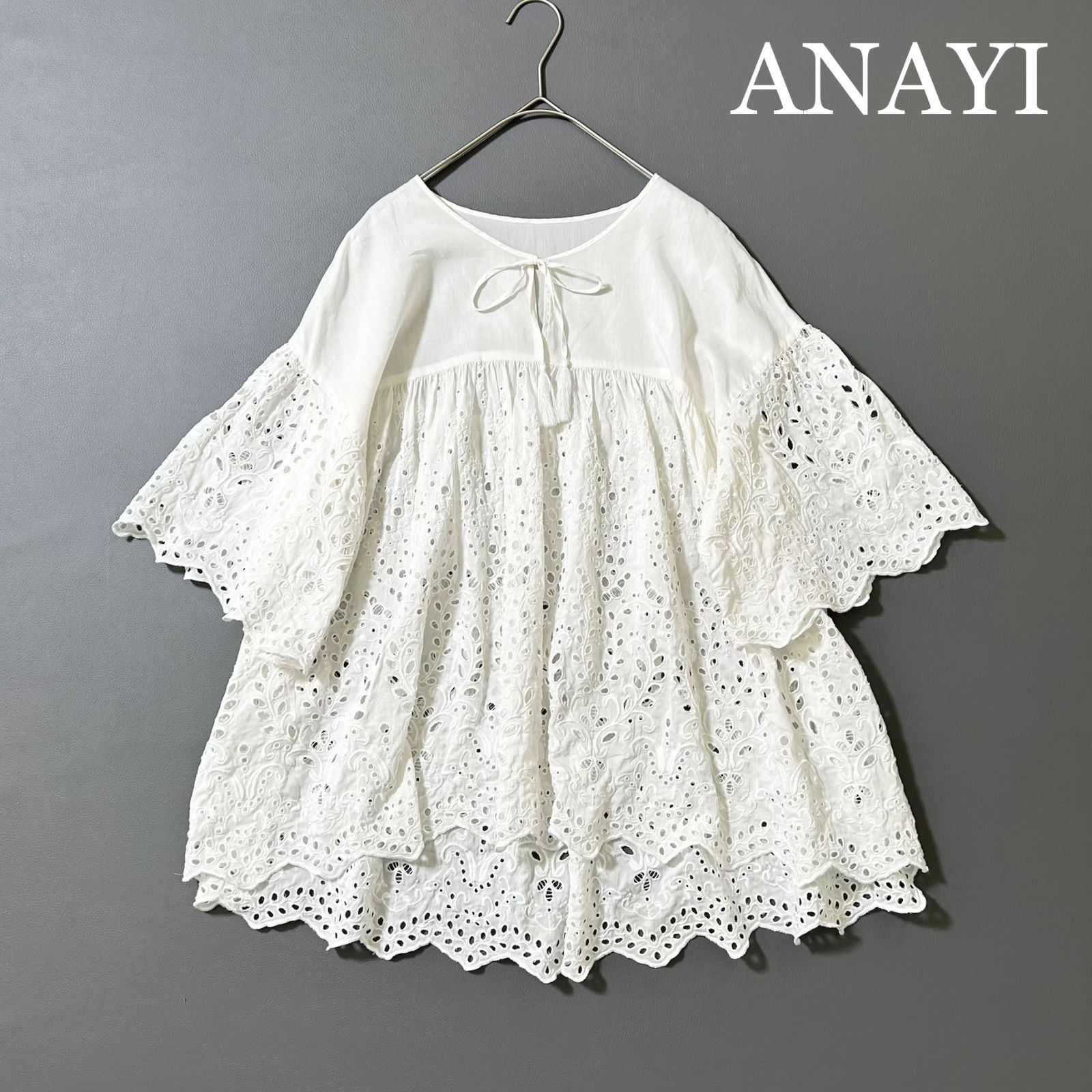 3453y美品 アナイ カットワークスカラップリボンブラウス 白 M 