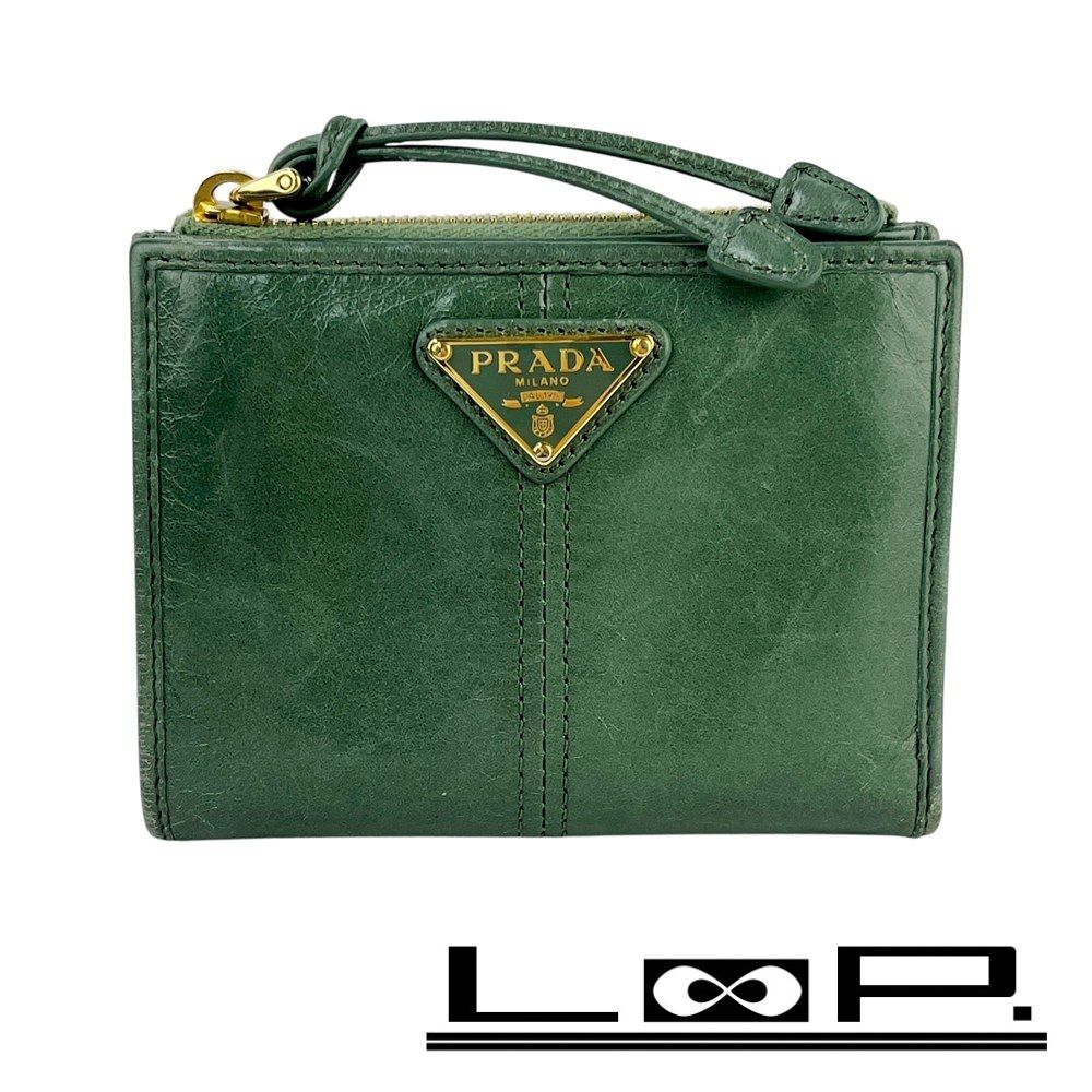 プラダ ■中古■ 二つ折り 財布 コンパクト ウォレット レザー グリーン 箱 【609756】8 プラダ □中古□ 二つ折り 財布 コンパクト ウォレット レザー