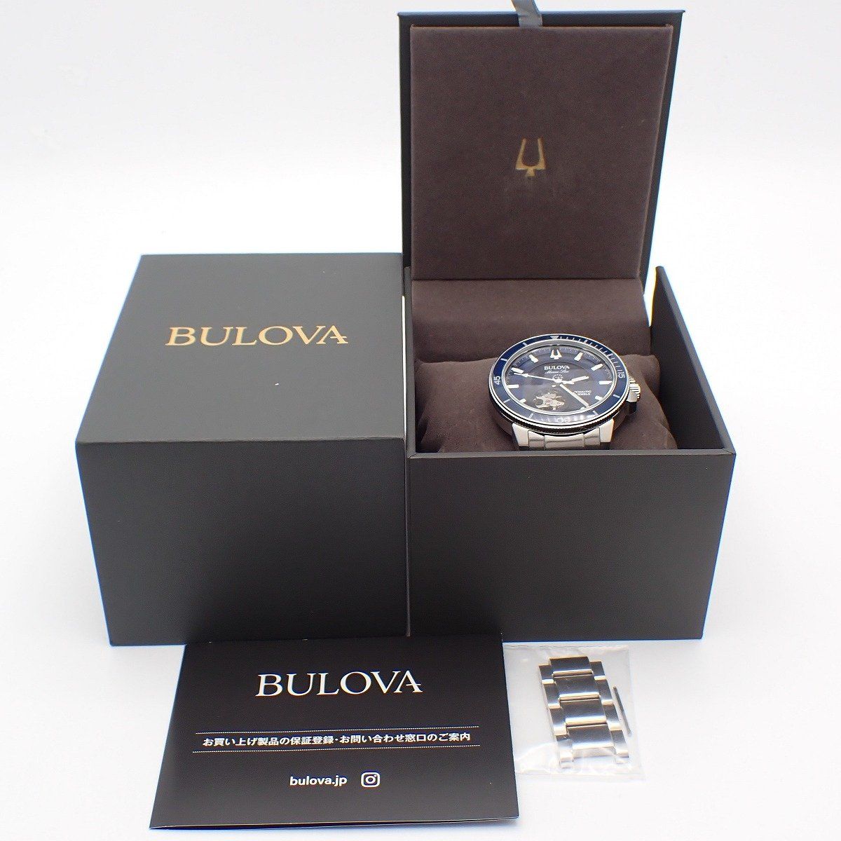  BULOVA ブローバ マリンスター オープンハート 自動巻き メンズ 腕時計 青文字盤 純正SSベルト 96A289 いおき質店 ミニマル 自動巻き時計 腕時計(アナログ)