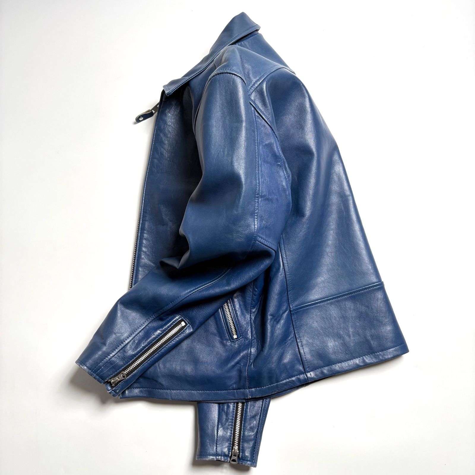 羊革】SCHOTT レザー ライダースジャケット 青 L シングル 襟付き 