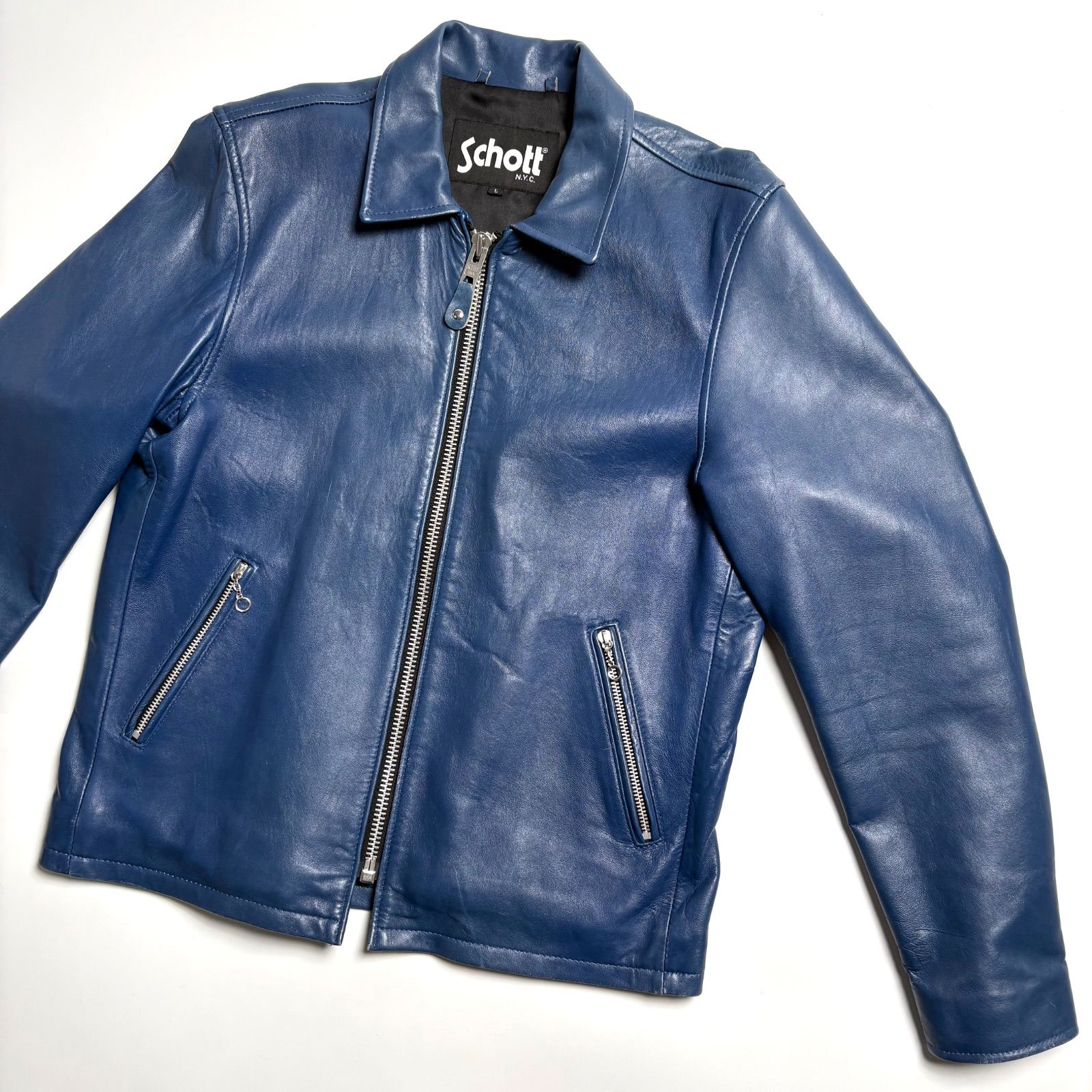 羊革】SCHOTT レザー ライダースジャケット 青 L シングル 襟付き 