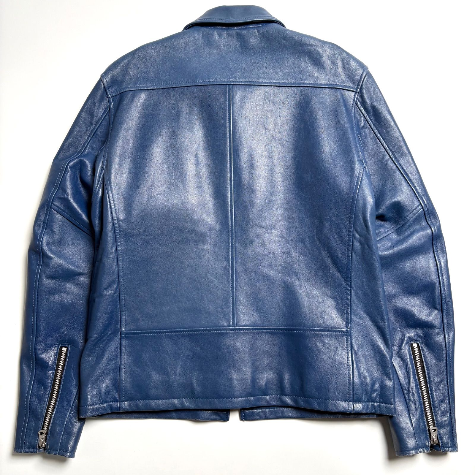 羊革】SCHOTT レザー ライダースジャケット 青 L シングル 襟付き 