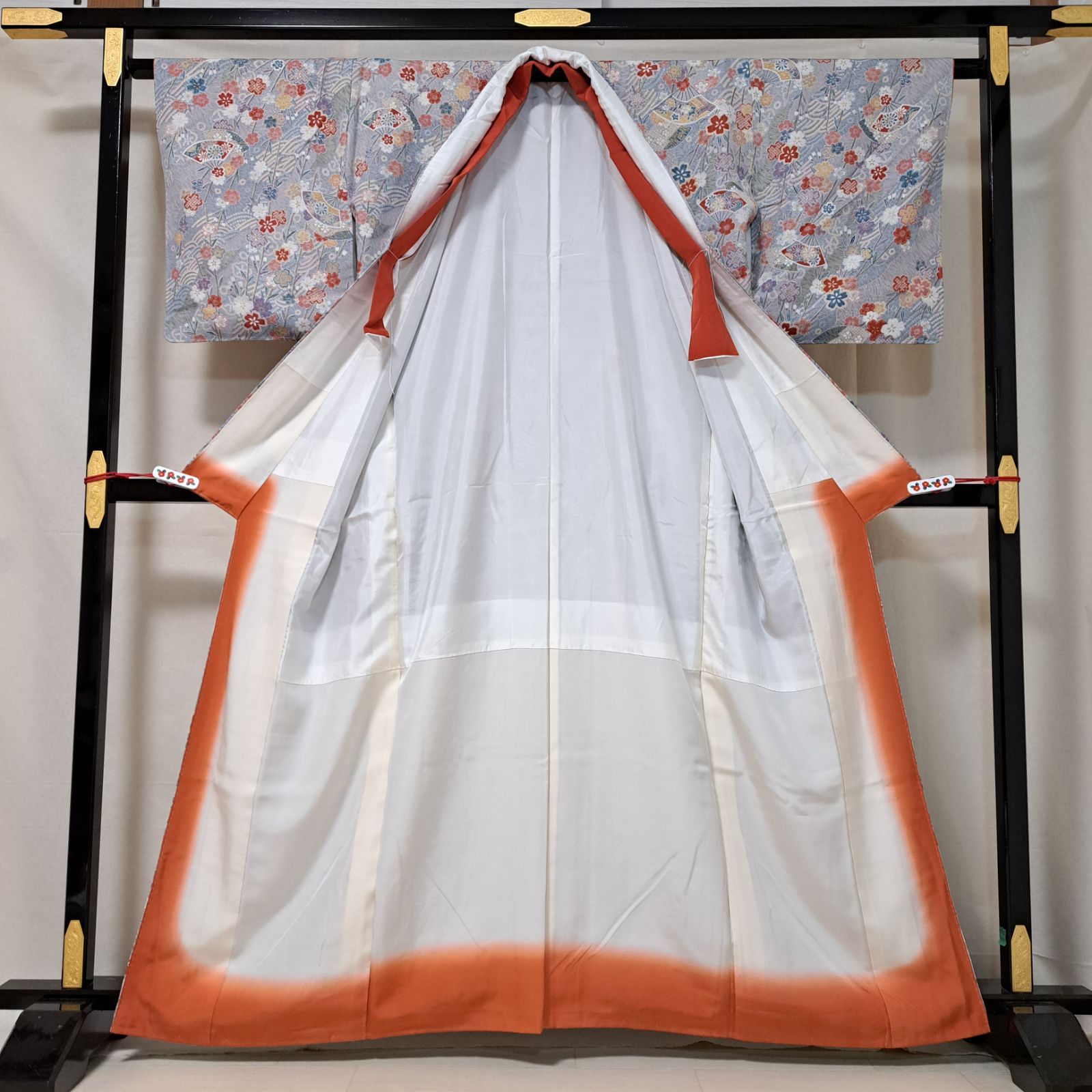 袷　小紋　扇模様　飛び絞り　裄67cm 正絹 小紋】裄66 身丈163 袖48.5 正絹 袷 青紫系色地に扇面と枝垂れ桜 り