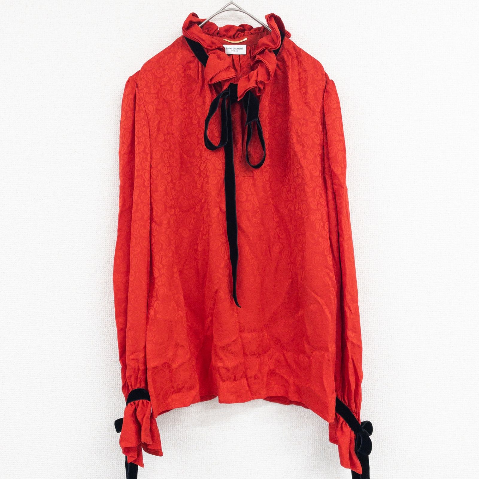 SAINT LAURENT サンローラン ブラウス リボン ボウタイ フリル シルク レッド フランス製 レディース 38 b00953 SAINT LAURENT サンローラン ブラウス リボン ボウタイ フリル シルク