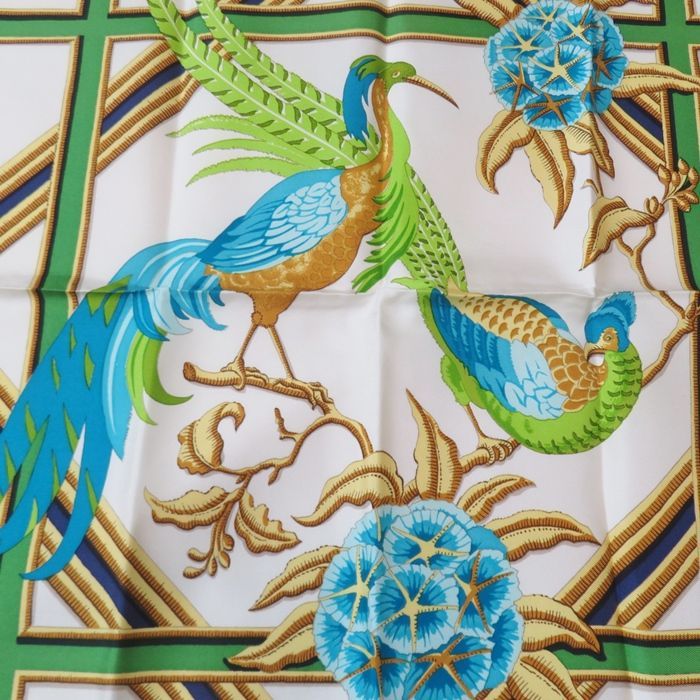 エルメス　HERMES　カリブ鳥　Caraibes　スカーフ　シルク　レトロ HERMES エルメス カレ90 Caraibes『カリブ鳥』グリーン スカーフ