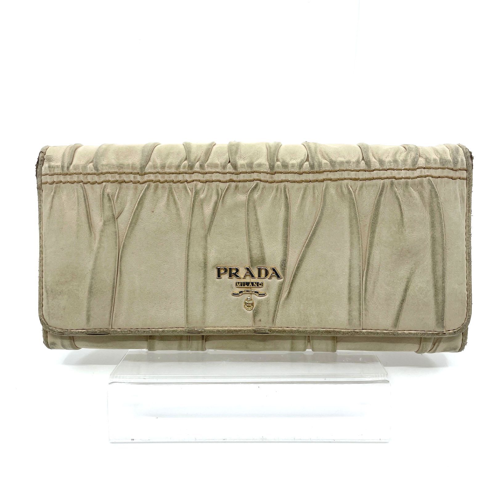 PRADA プラダ 二つ折り長財布 ギャザー プリーツデザイン ベージュ 