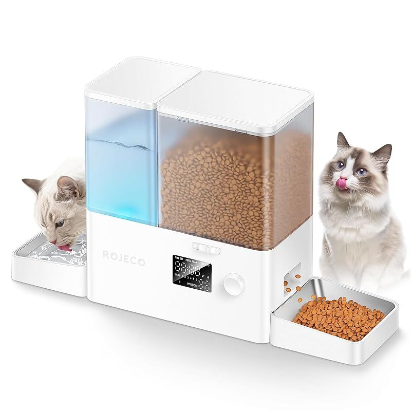 ROJECO 自動給餌器 猫 給水器一体化 餌やり機5L大容量 + 給水器 3.5L 餌詰まり防止 透明タンク 多頭飼いに向け2WAY給電 手動給餌 餌やり機 ステンレス皿 操作簡単 1日6食 1