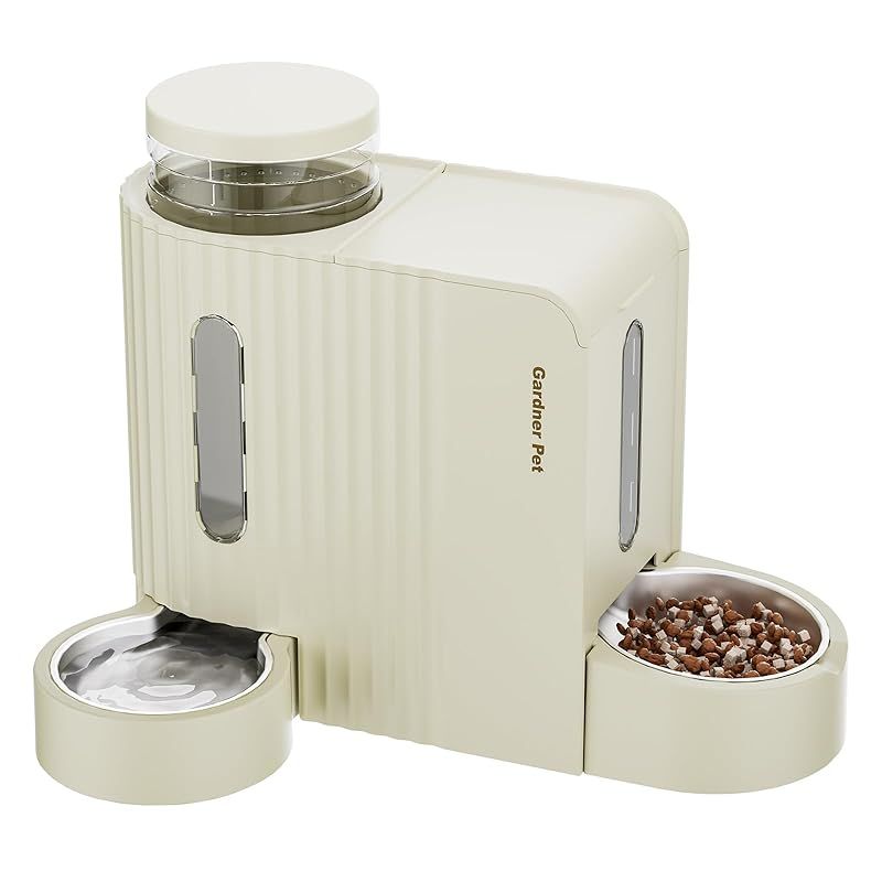 Gardner Pet 5.2L一体型 自動給餌器 猫 中小型犬用 【給水3L＋給餌2.2L】オールインワン 自動餌やり機 重力式 ステンレス製ボウル 取り外し可能 丸洗い可能 犬猫兼用 留守番 旅行用 おしゃれデザイン モダンデザイン (ゆき) 0