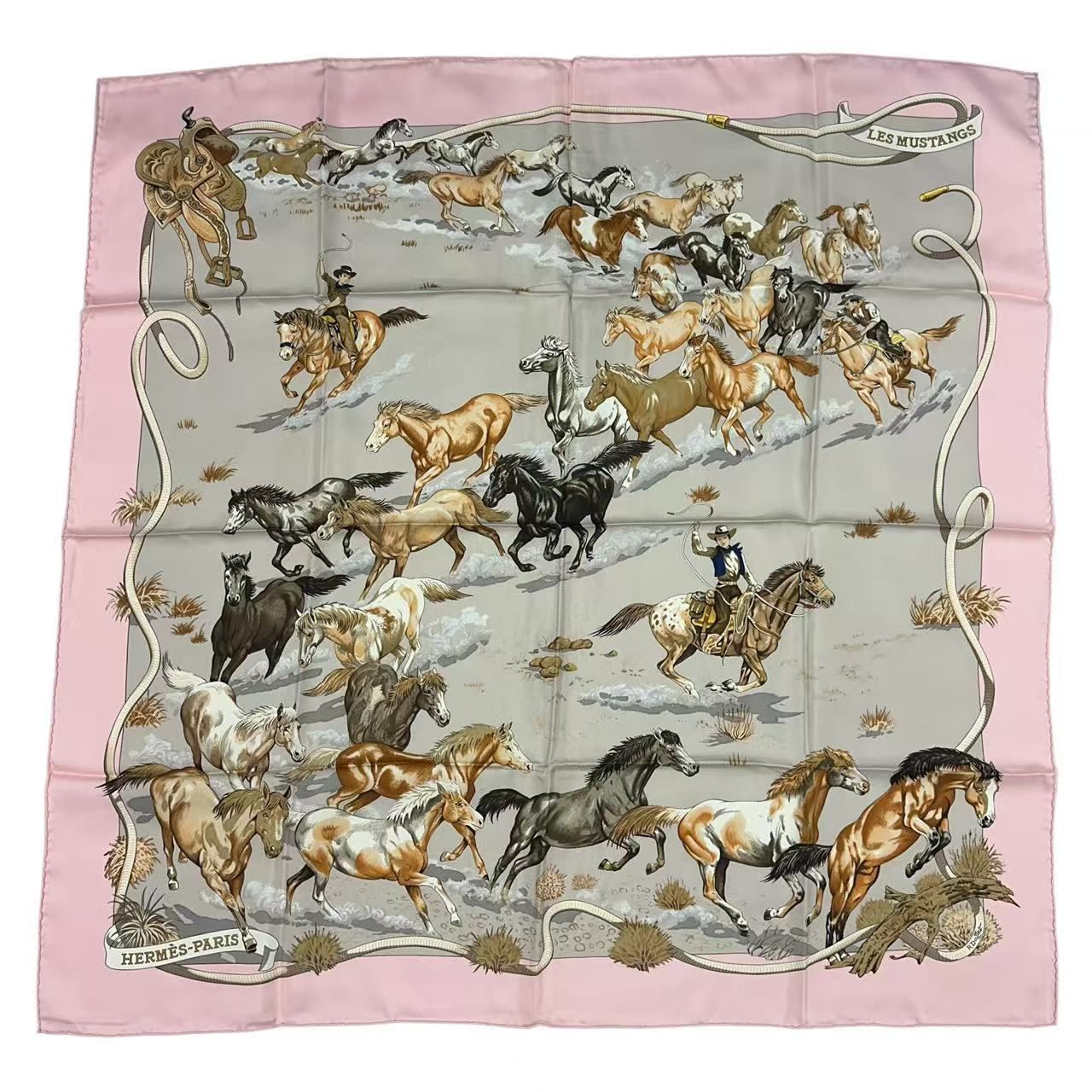 新品同様 HERMES エルメス スカーフ カレ90 LES MUSTANGS 野生馬 