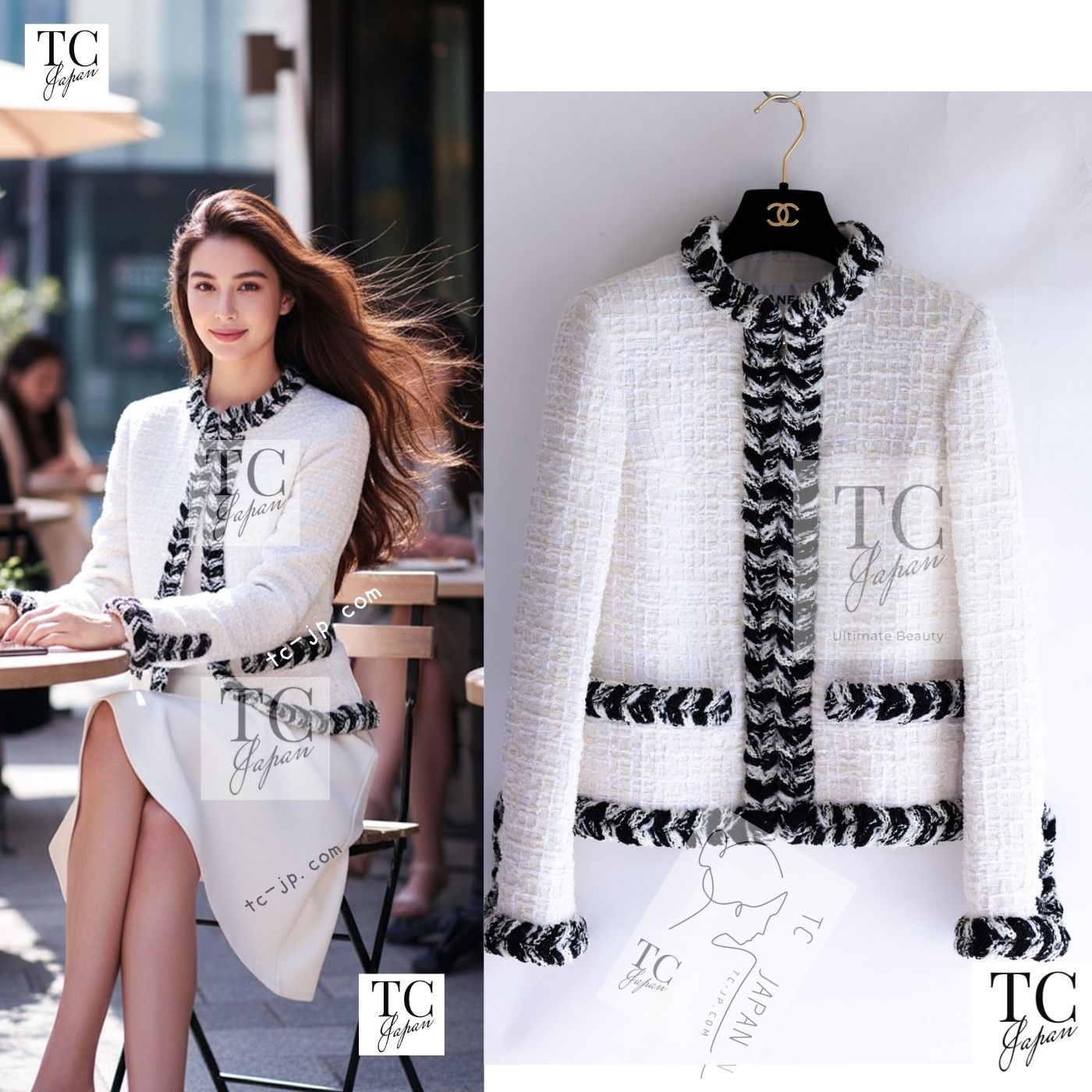 シャネル ジャケット CHANEL アイボリー ホワイト ブラック ブレード 