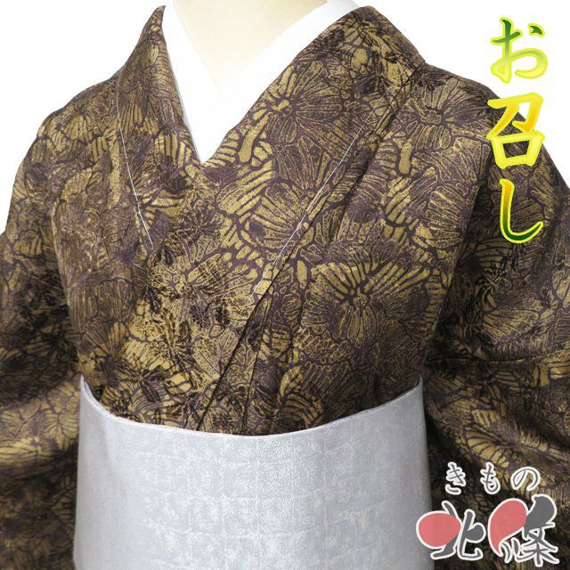 特選 お召し 御召 着物 未使用 袷 カジュアル ぐんま細 植物文様 地 