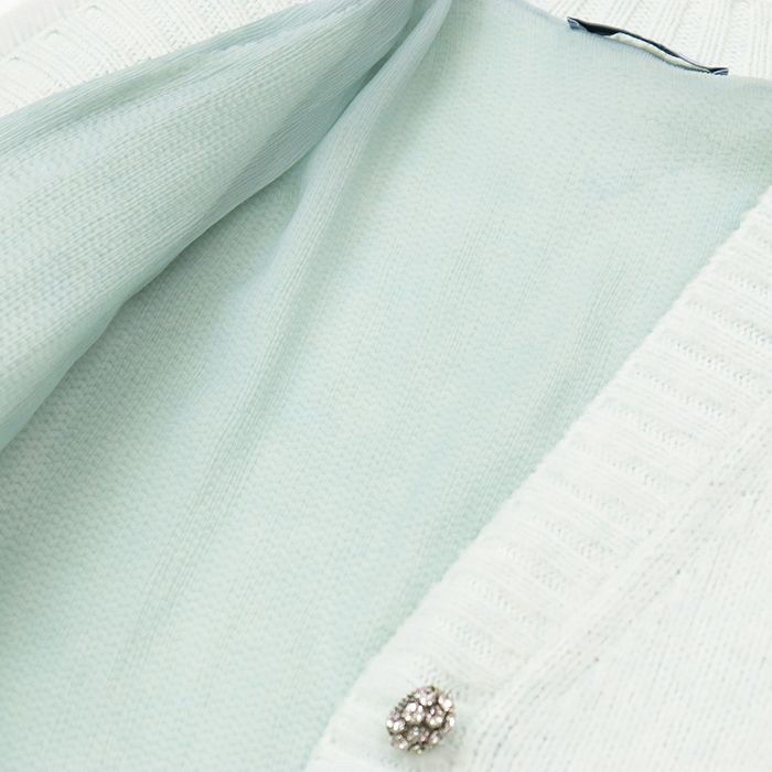 【美品】PRADA プラダ ニット サイズ 40 レディース カーディガン シャギーニット トライアングルロゴ ビジューボタン シフォンライニング 24AW トップス ハンガー付属 サックスブルー 青 イタリア製 PRADA - 【美品】PRADA プラダ ニット サイズ 40 レディース