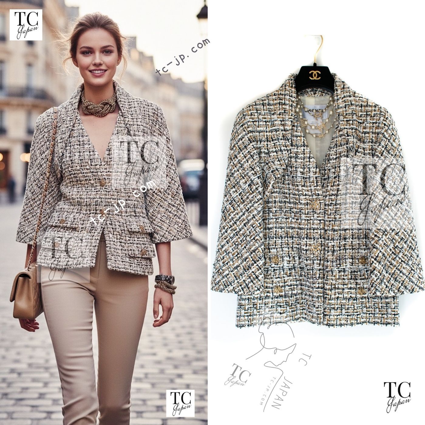 138万 シャネル ジャケット CHANEL ホワイト ブラック ゴールド 