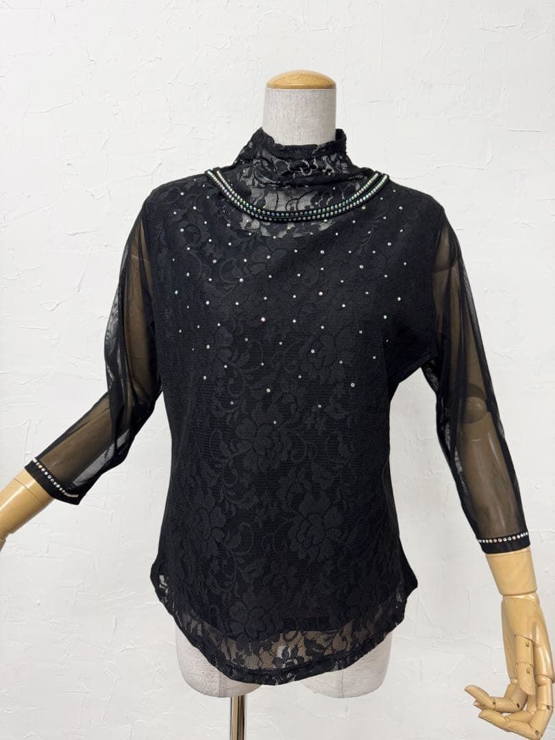 【XXL】新品　ラインストーン&花柄レース ハイネックトップス黒ｂ323
