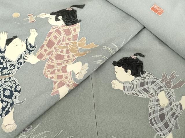 平和屋着物●十日町友禅作家　関口遼一　訪問着　童子遊び　暈し染め　正絹　逸品　AABG2693cs 平和屋着物○十日町友禅作家 関口遼一 訪問着 童子遊び 暈し染め 正絹