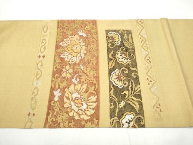 平和屋着物●太鼓柄袋帯　紬地　総刺繍　更紗花唐草文　金彩　正絹　逸品　CABE8797hy 平和屋着物○太鼓柄袋帯 紬地 総刺繍 風景花文 正絹 逸品 CAAU1100yk