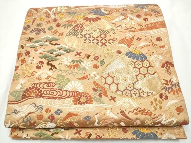 平和屋着物●六通柄袋帯　唐織　貝合わせ宝尽くし花文　金糸　正絹　逸品　CABF5324hy 平和屋着物○六通柄袋帯 唐織 貝合わせ宝尽くし花文 金糸 正絹 逸品