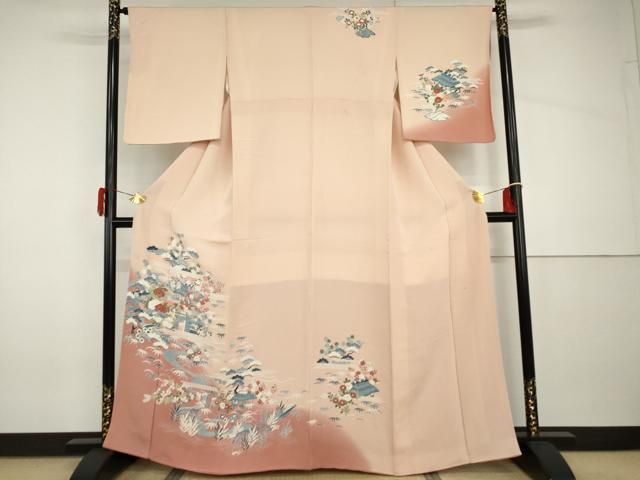 平和屋着物●訪問着　友禅　風景松竹梅文　暈し染め　鬼しぼ縮緬　正絹　逸品　AABH8882cs 平和屋着物○訪問着 友禅 風景松竹梅文 暈し染め 鬼しぼ縮緬 正絹 逸品