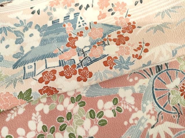 平和屋着物●訪問着　友禅　風景松竹梅文　暈し染め　鬼しぼ縮緬　正絹　逸品　AABH8882cs 平和屋着物○訪問着 友禅 風景松竹梅文 暈し染め 鬼しぼ縮緬 正絹 逸品