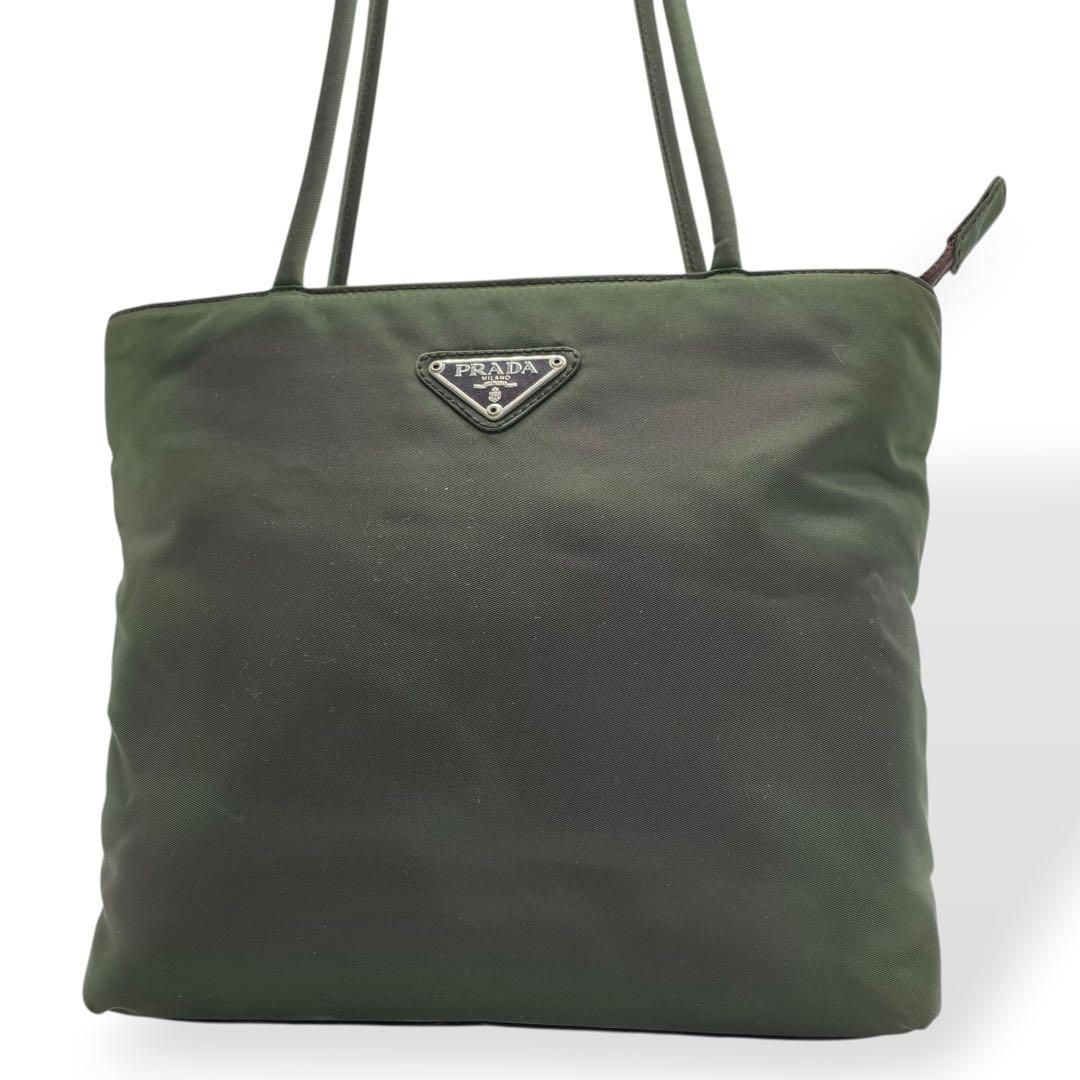 □良品□ PRADA トートバッグ 白タグ ジャージ素材 レザー カーキ