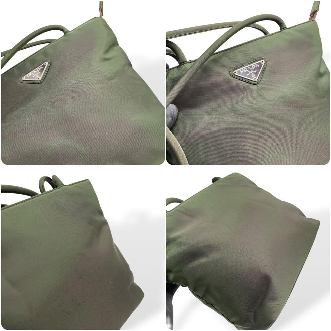 □良品□ PRADA トートバッグ 白タグ ジャージ素材 レザー カーキ □良品□ PRADA トートバッグ 白タグ ジャージ素材 レザー カーキ
