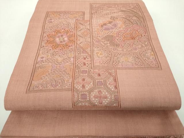 平和屋着物●中国三大刺繍　スワトウ刺繍　汕頭刺繍　総刺繍　太鼓柄袋帯　紬地　絽刺し　色紙重ね花文　正絹　逸品　DABE5095ps 平和屋着物○中国三大刺繍 スワトウ刺繍 汕頭刺繍 総刺繍 太鼓柄袋帯