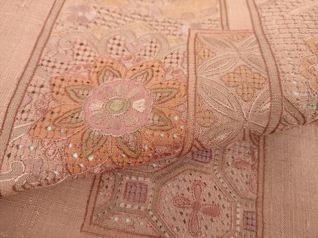 平和屋着物●中国三大刺繍　スワトウ刺繍　汕頭刺繍　総刺繍　太鼓柄袋帯　紬地　絽刺し　色紙重ね花文　正絹　逸品　DABE5095ps 平和屋着物○中国三大刺繍 スワトウ刺繍 汕頭刺繍 総刺繍 太鼓柄袋帯