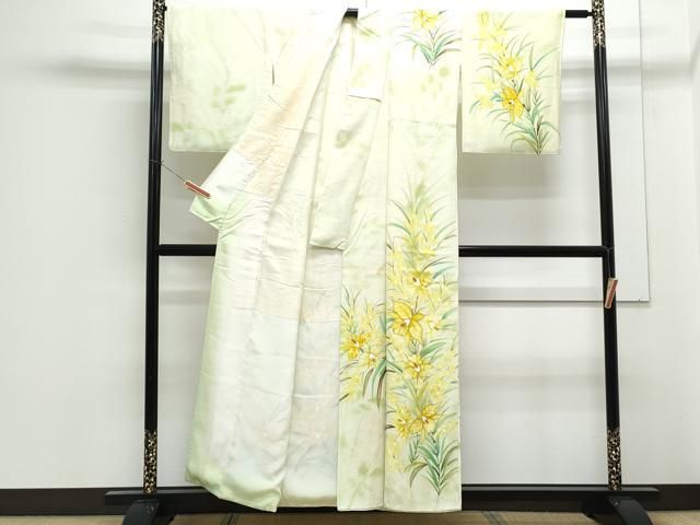平和屋着物●訪問着　駒刺繍　草花文　暈し染め　金彩　丹後ちりめん　反端付き　ロング丈　正絹　逸品　AABH4868fy 平和屋着物○訪問着 駒刺繍 絞り 地紙吉祥草花文 暈し