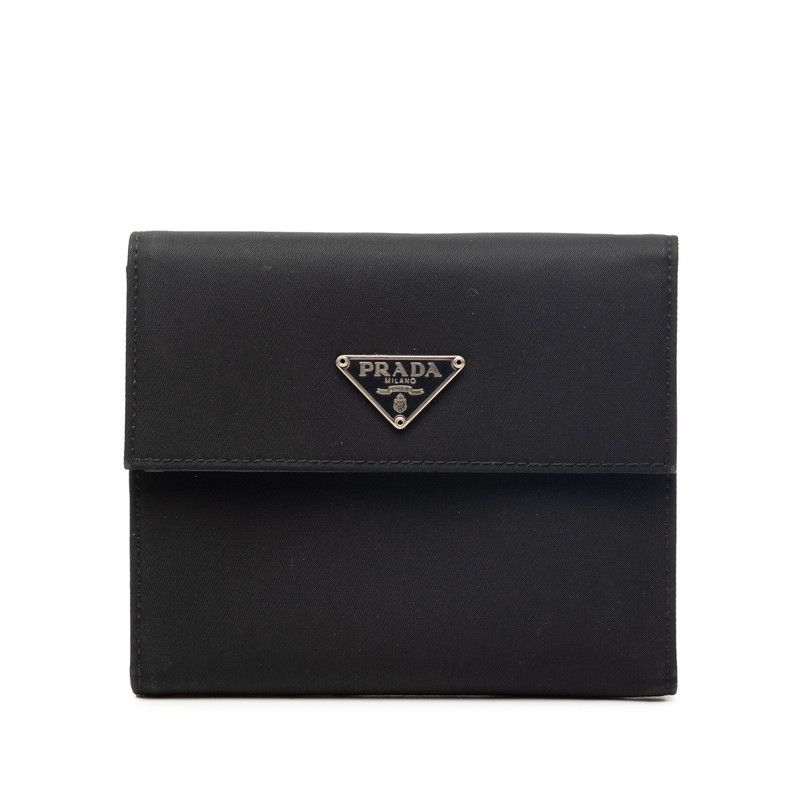 プラダ 三角ロゴプレート 三つ折り財布 M170 ネロ ブラック ナイロン レザー レディース PRADA【1-0263233】