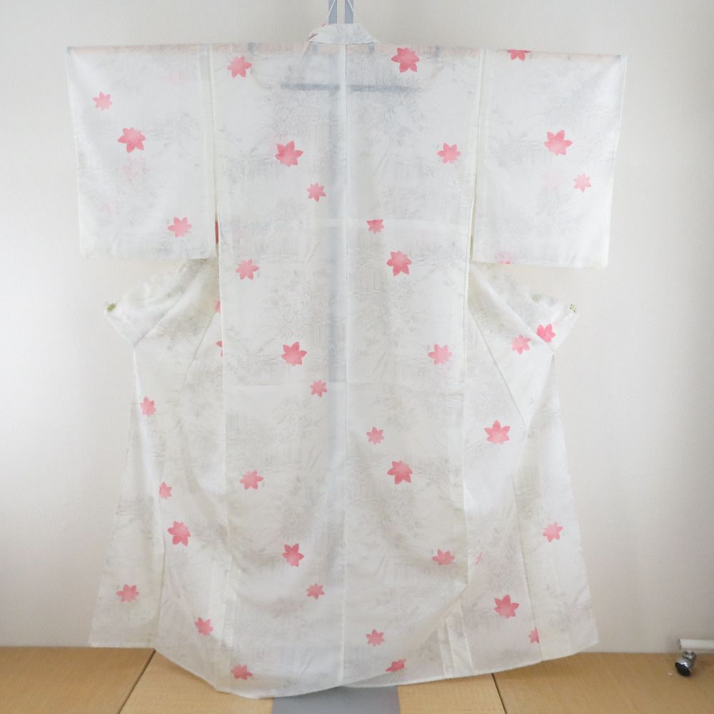 夏着物 ポリエステル 小紋 絽 広衿 白色x灰色x赤ピンク色 風景に葉