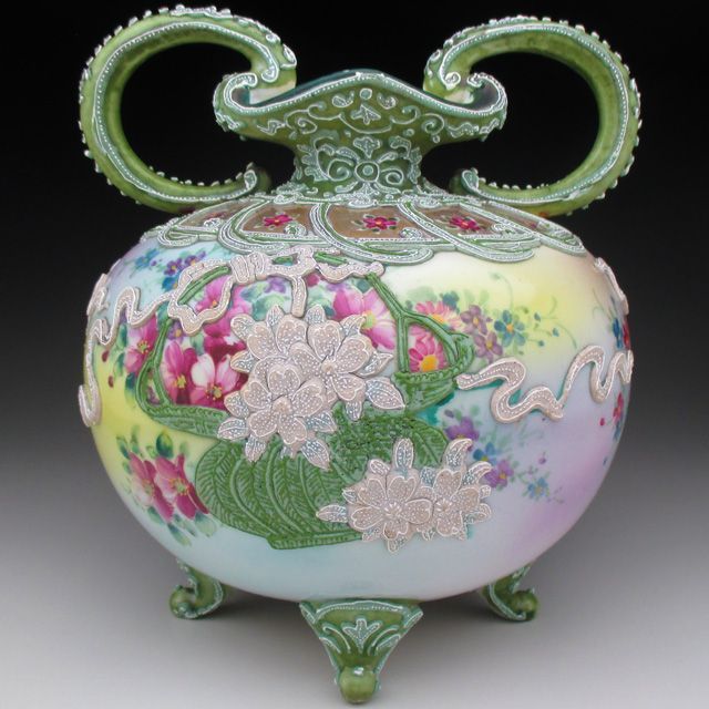 オールドノリタケ 一陳盛り上げ花籠絵 脚付花瓶 - メルカリ