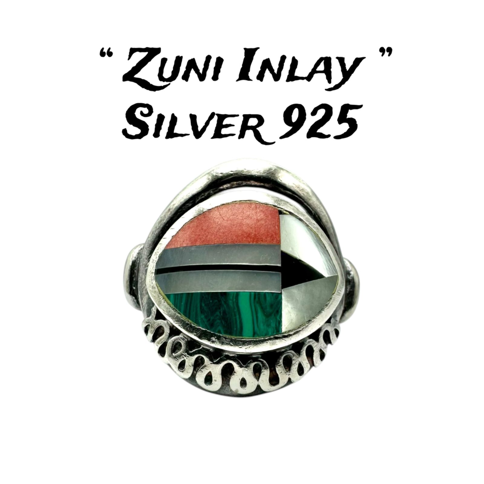 色彩のアート】ズニ族 インレイ Silver 925 刻印 Design Ring シルバー