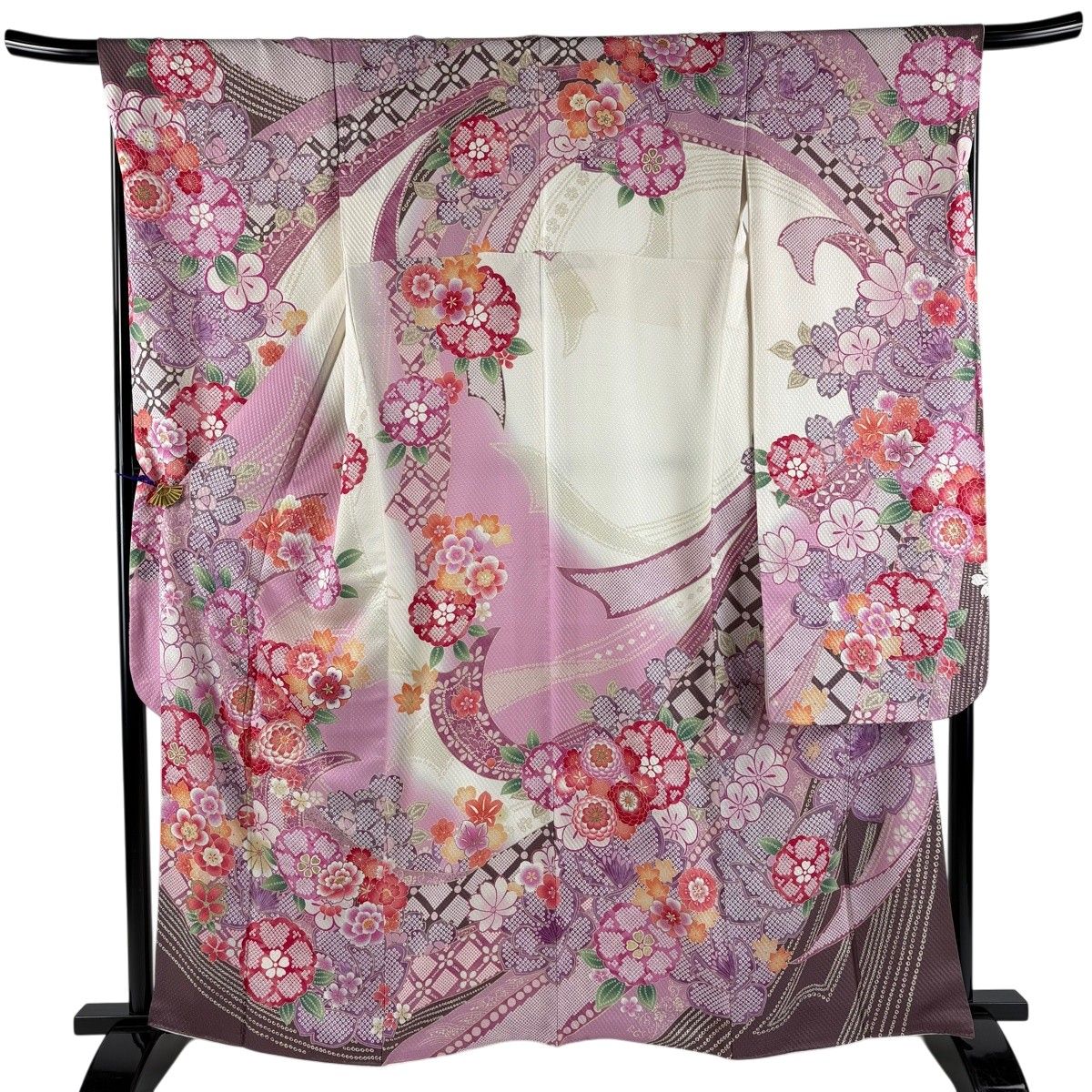 中古】振袖 正絹 ピンク地に孔雀模様 裄62cm Sサイズ 振袖 正絹 中古 