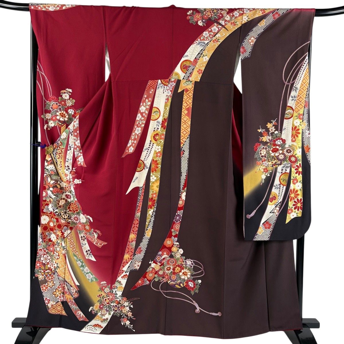 振袖 身丈161cm 裄丈67cm M 袷 草花 熨斗 金糸 金彩 赤 正絹 秀品 【